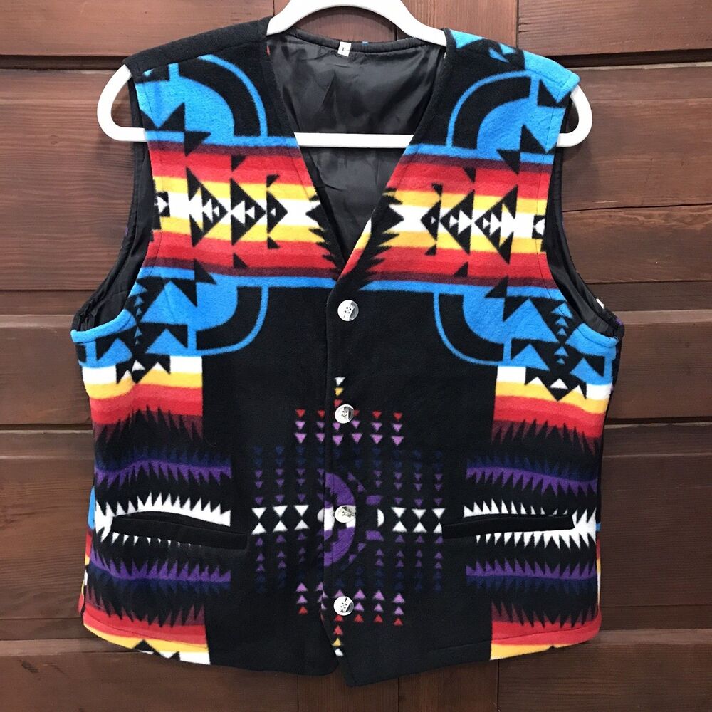 Womens Southwestern Bright Aztec Fleece Zip Up Vest Large Western Blanket Tribal